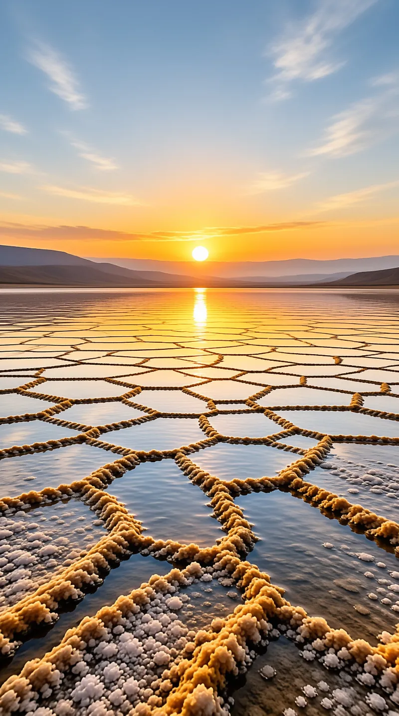 Geometric salt ponds stretch toward a glowing orange horizon where the sun meets distant hills.