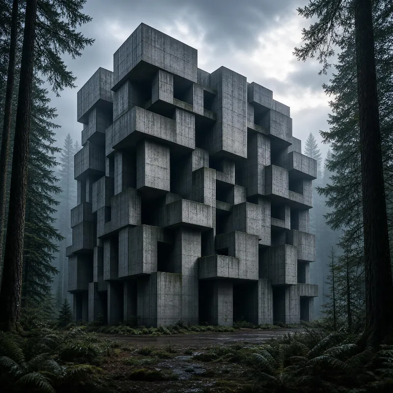 Concrete Block Tower in Forest