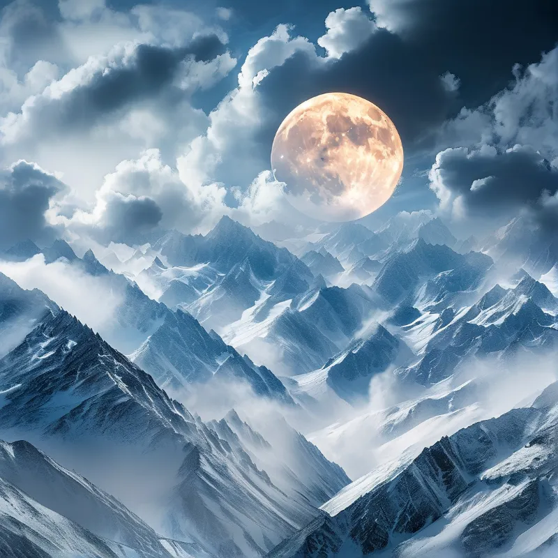 Giant Moon Over Snowy Peaks