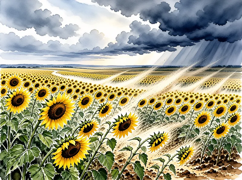 A vast stretch of blooming sunflowers stretches to the horizon under a sky split between dark rain clouds and bright sunny light.