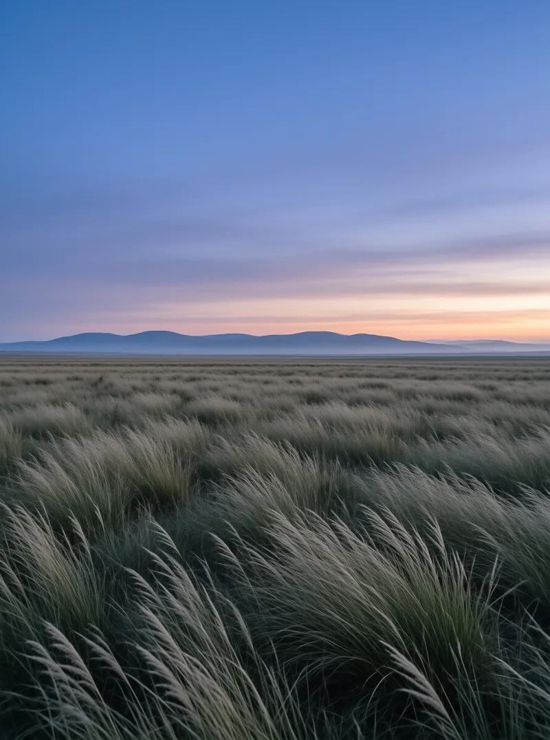 A wide field of wild grasses stretches toward a mountain range beneath a gradient sky fading from blue to orange.