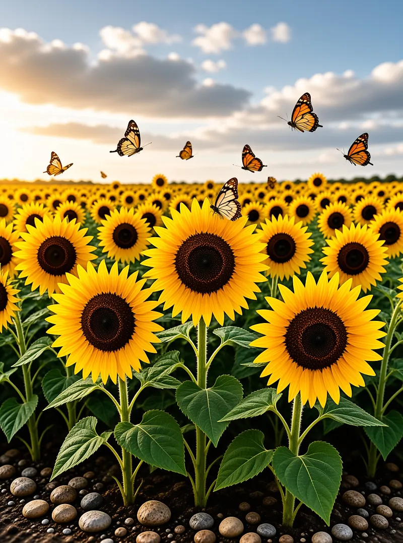 A vast sunflower field with orange butterflies flying above bright yellow blooms under a cloudy sky.