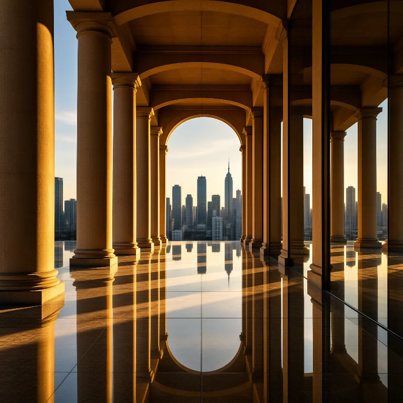 A symmetrical view through large stone columns shows a city skyline with reflections on the shiny floor during golden hour.