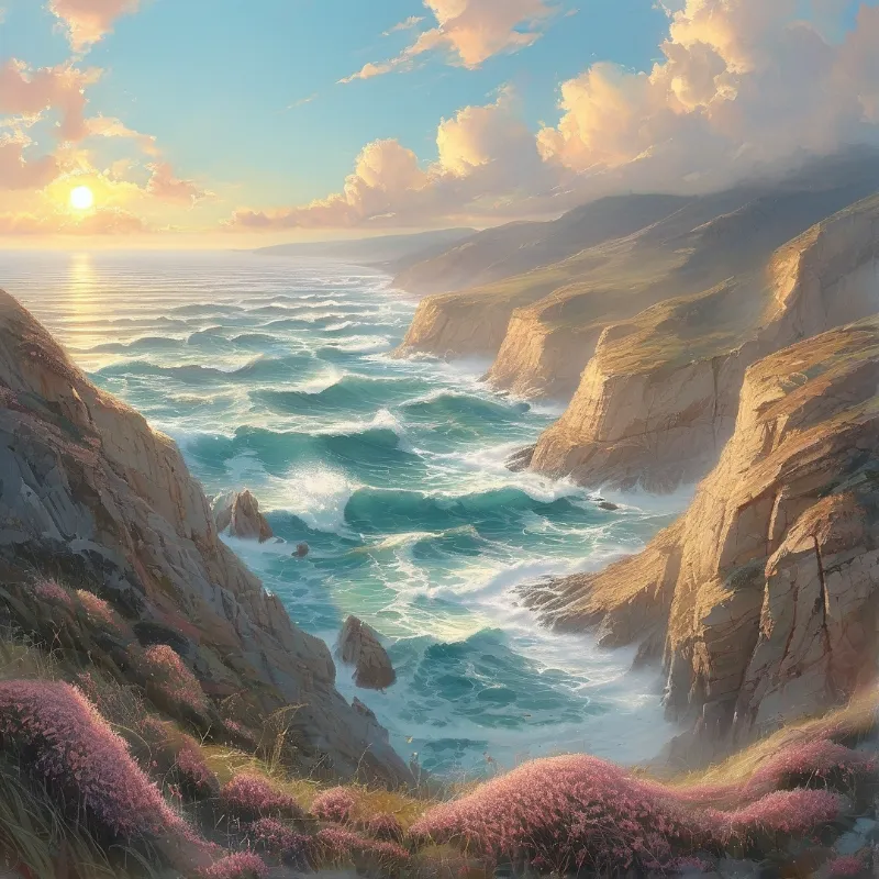 Steep rock formations border a wave-filled ocean while a bright sun illuminates pink clouds above the horizon.