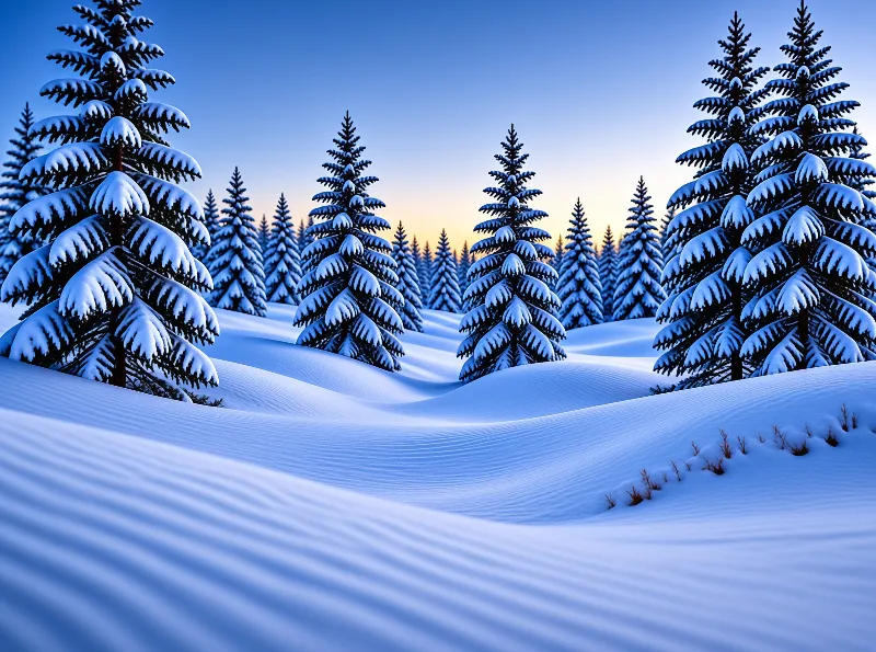 Tall evergreen trees covered in thick snow stand against a gradient sky shifting from deep blue to warm orange.