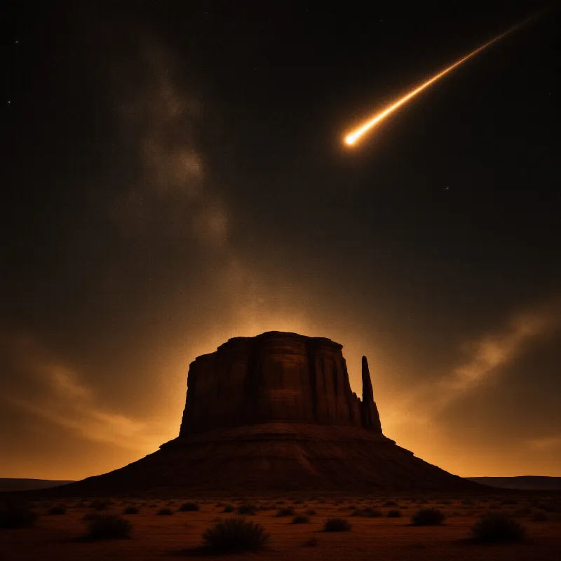 A solitary rock formation rises from the desert floor beneath a bright meteor streaking through the dark orange sky.