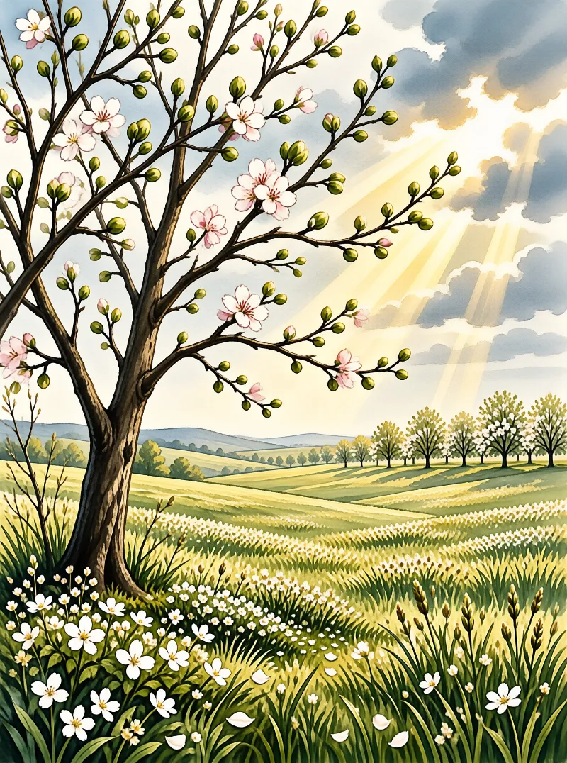 A flowering orchard tree stands above green fields and white blossoms while sunbeams break through clouds.