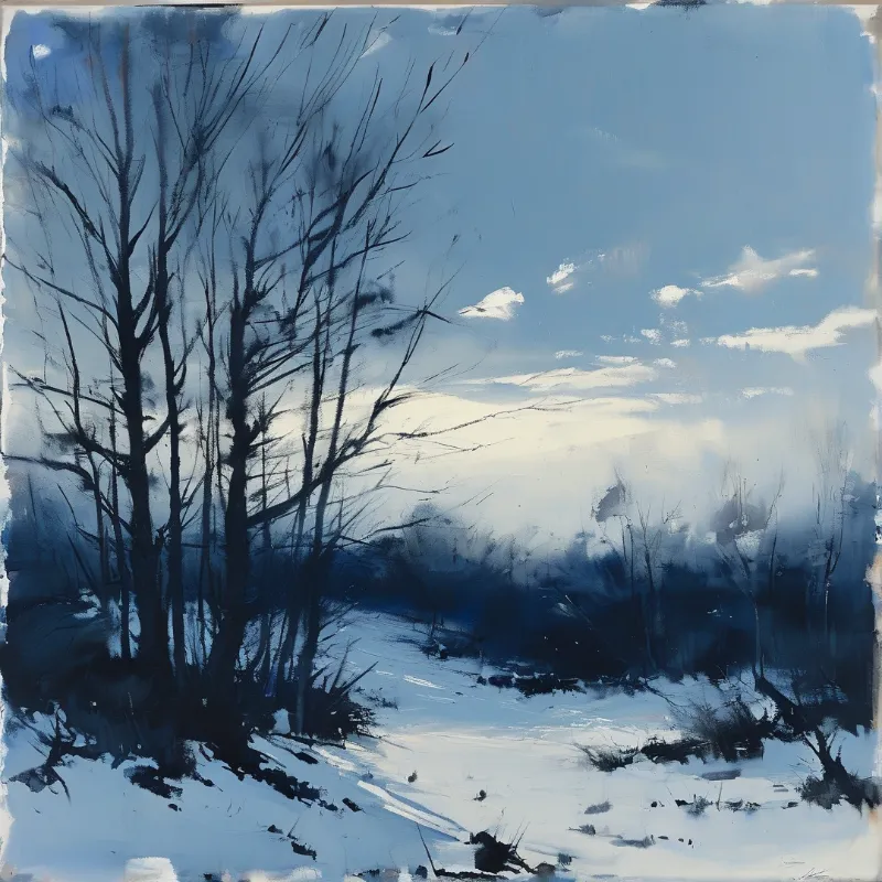 Dark leafless trees lean over a snowy trail while a pale sky fades between deep blues and soft white clouds