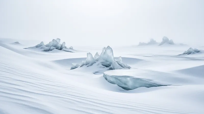 Translucent blue-white ice peaks break through smooth wind-swept snow under a soft overcast polar sky.