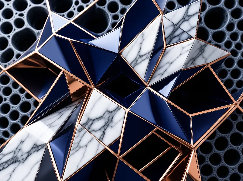 A faceted sculpture combines glossy blue, white marble, and copper accents against a dark perforated background.