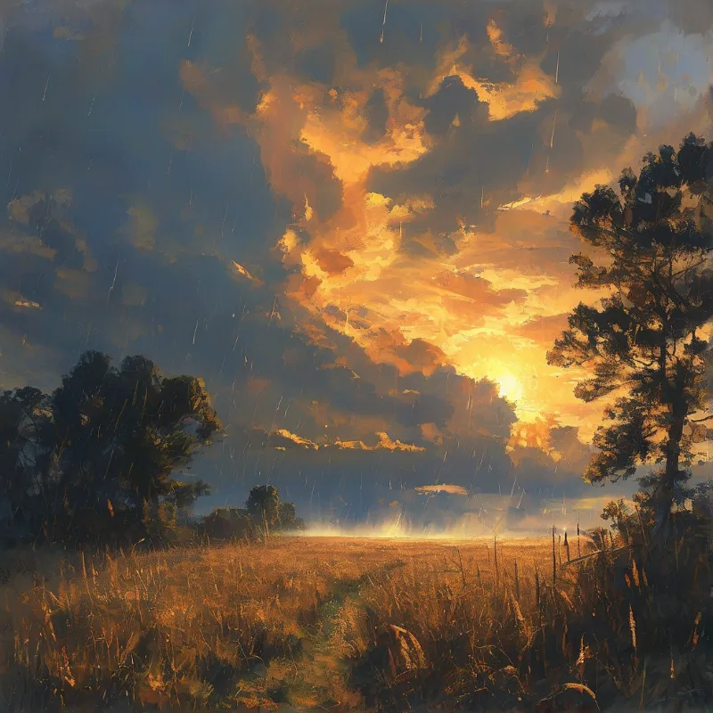 Wide open grassy plain sits framed by dark pine trees as sunlit orange clouds glow above during a falling rain shower.