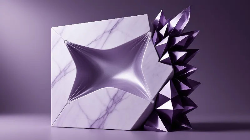 A white marble block shows a star-shaped indentation and sharp purple spikes on its side against a purple background.