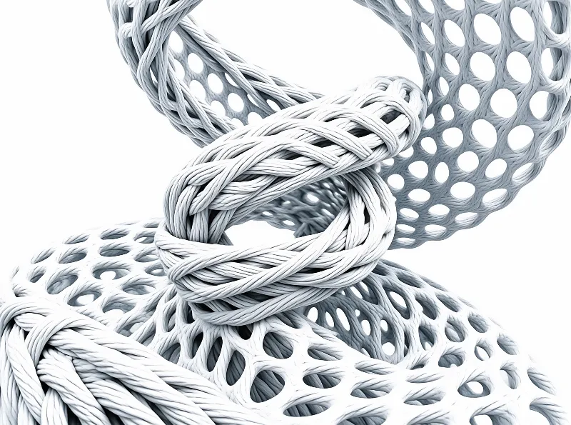 A white 3d structure showing a twisted rope knot intertwined with a porous lattice grid on a plain background.