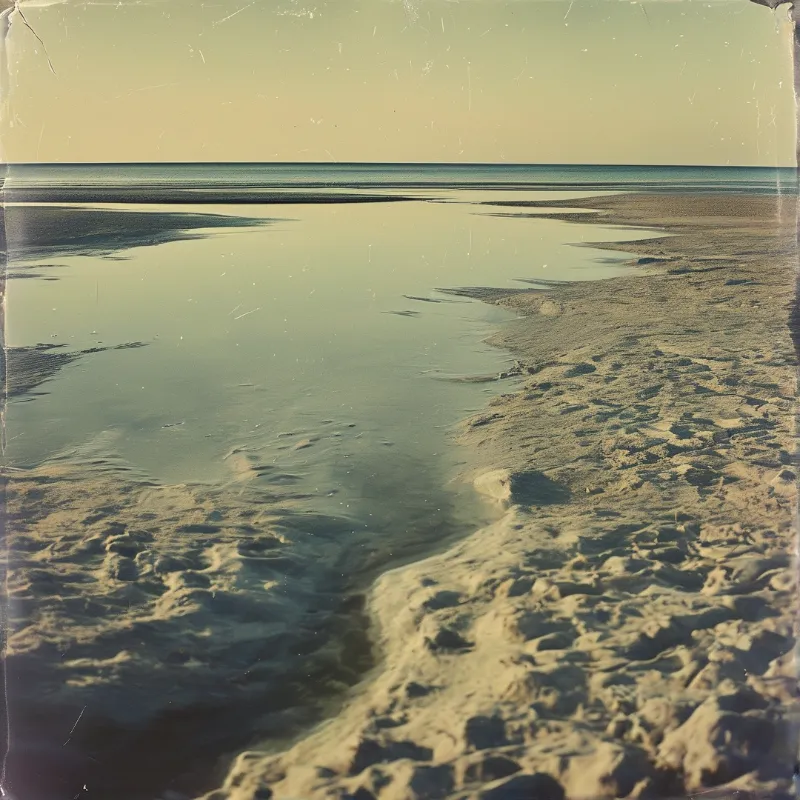 A wide view of a sandy shoreline where thin layers of water reflect the sky under a warm hazy light.