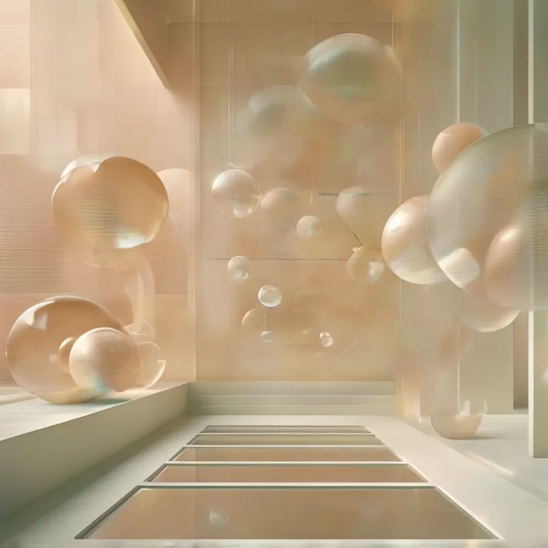 Pearlescent bubbles hover within a beige architectural space illuminated by diffuse warm light.