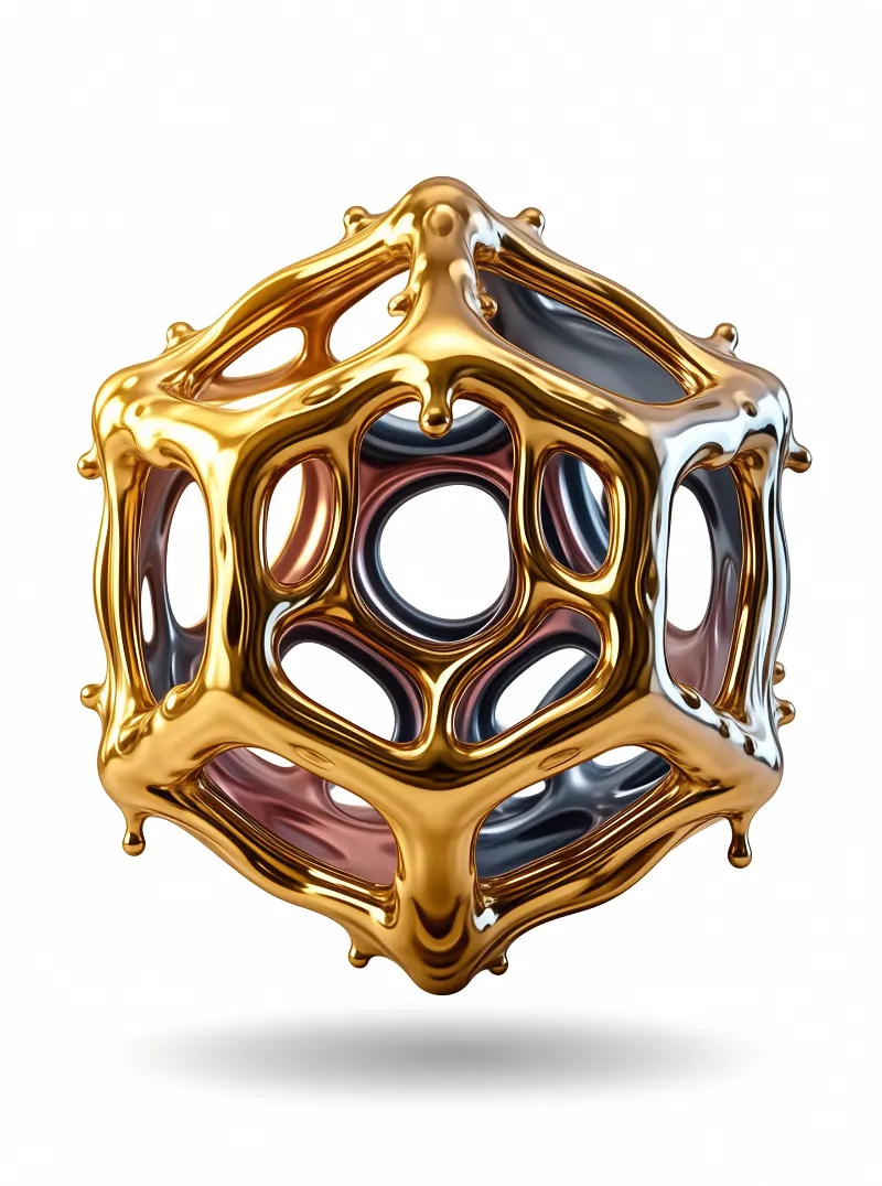 A shiny golden 3D object shaped like a cube with large holes revealing a dark inner layer against a white background.