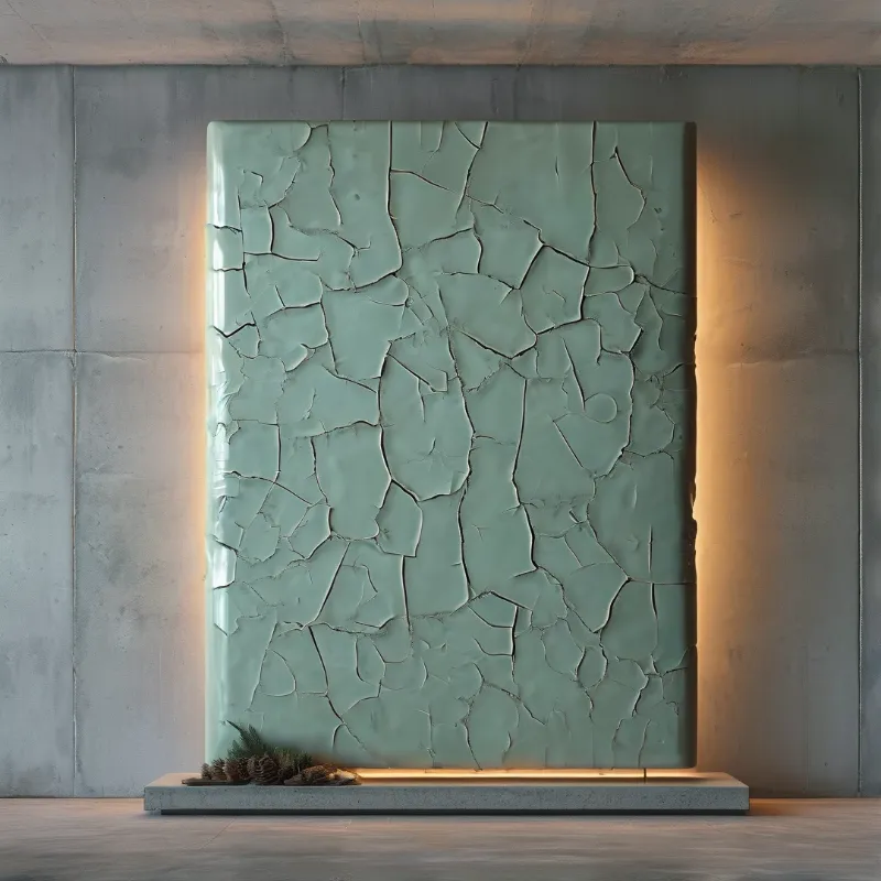 A pale green ceramic wall panel covered in a network of crazed cracks is softly backlit against raw concrete.