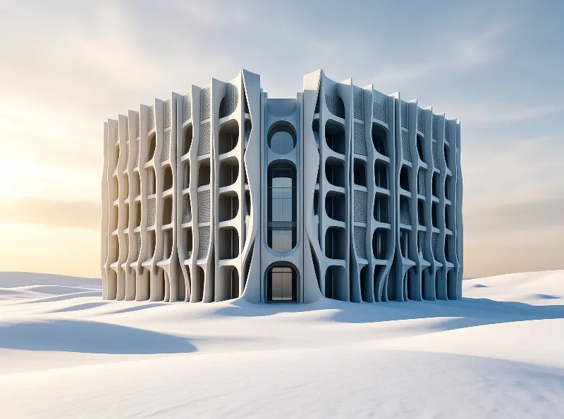 A large white structure with a wavy exterior sits on flat snow covered ground under a pale sky.