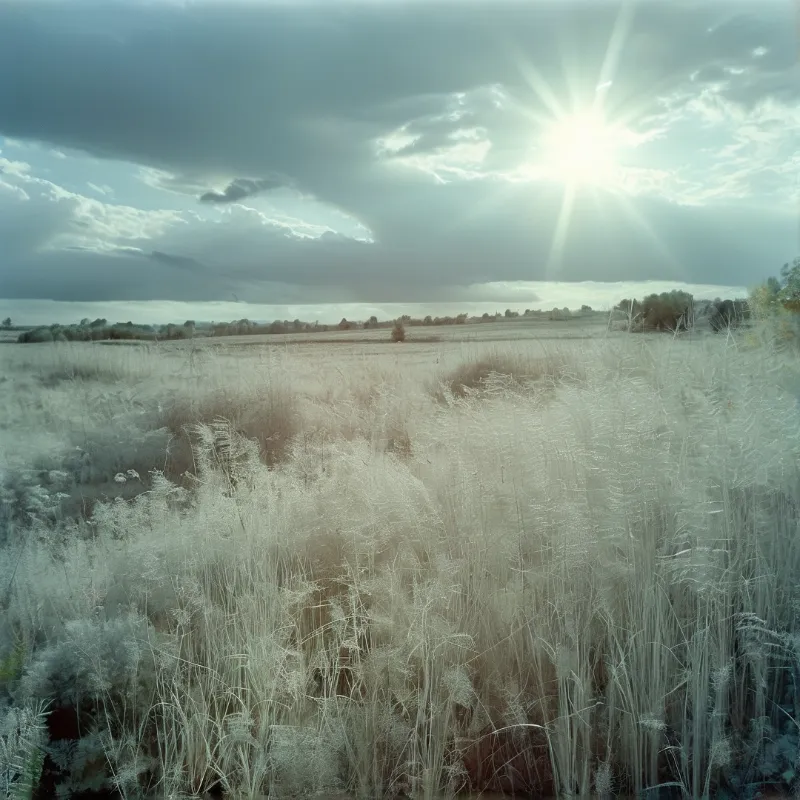 A wide view of a grassy plain where the sun shines brightly through heavy clouds.