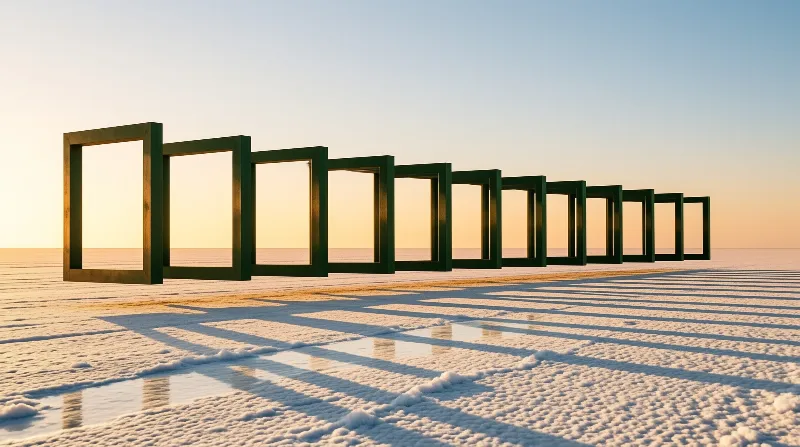 Green square frames stand on a white salt flat at sunset, casting long shadows across the cracked ground.