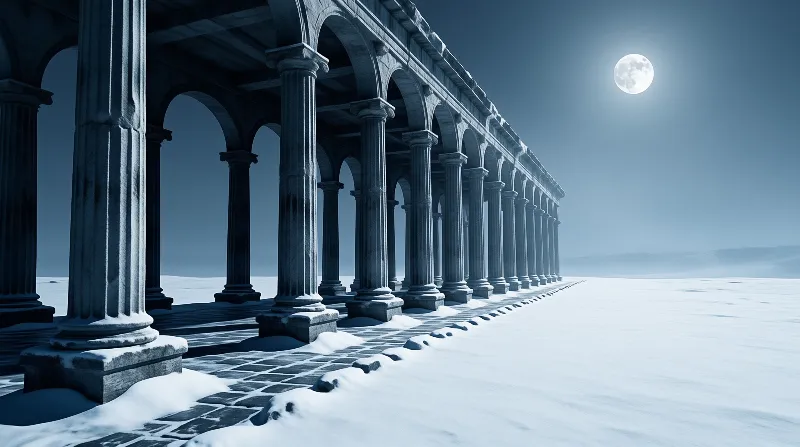 A long row of classical stone arches and columns stretches across a snowy field under a full moon in a dark blue sky.