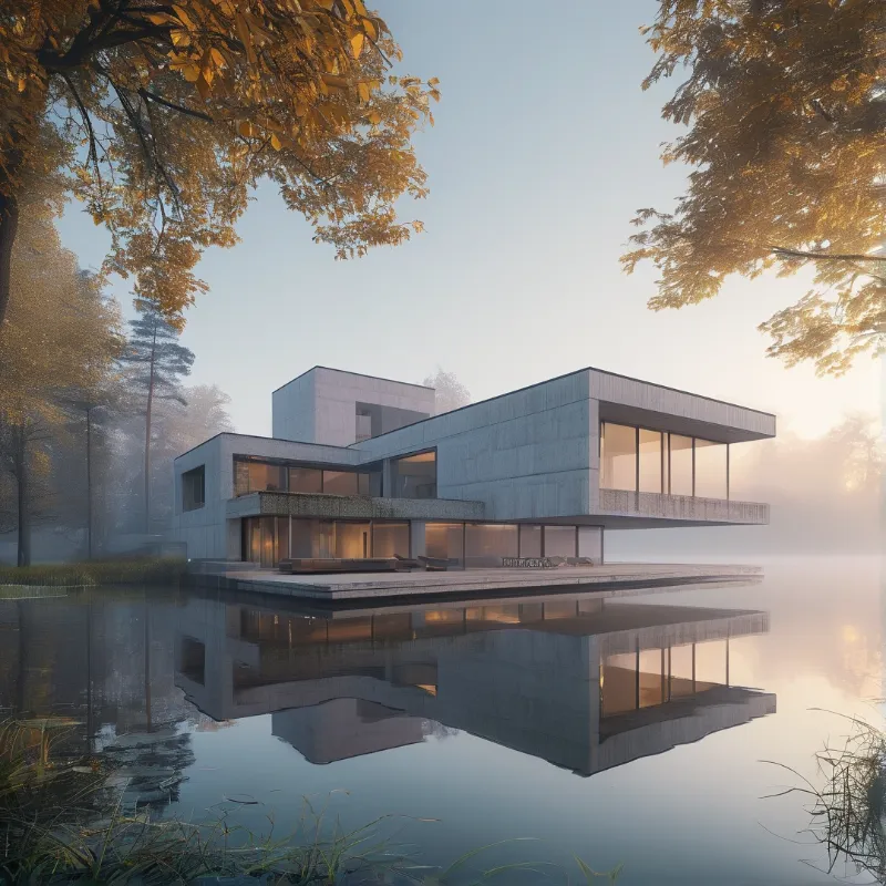 A modern concrete residence stands on a pier surrounded by foggy trees and calm reflective water.