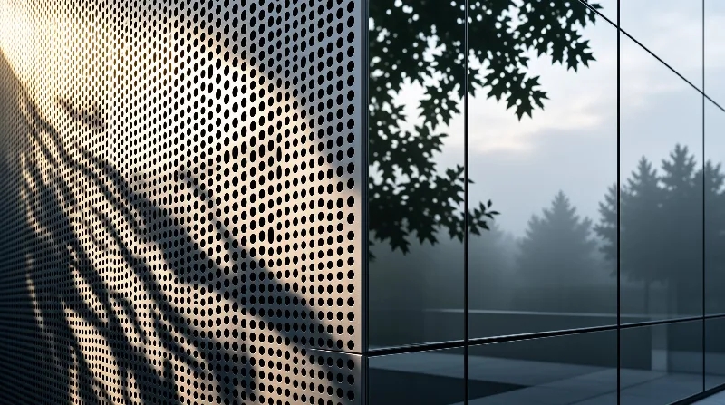 Morning sunlight throws a branch shadow across a dotted metal screen beside a mirror-like glass wall.