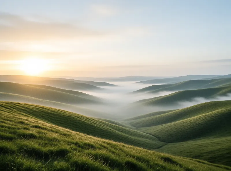 Misty Green Hills at Sunrise
