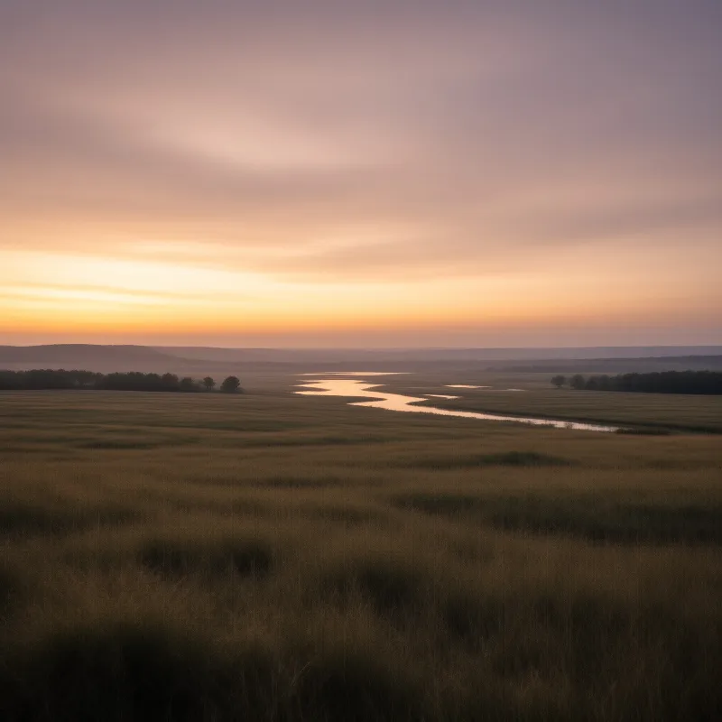 A slender river snakes through a vast grassland plain glowing under a soft pink and amber sky.