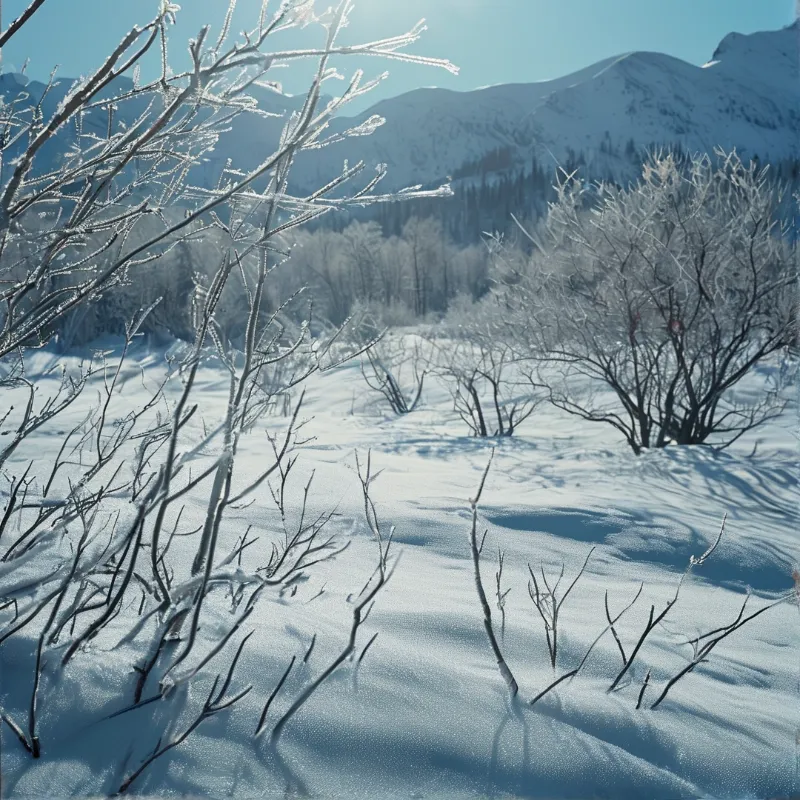 Hoarfrost encrusted twigs frame a wind sculpted snowfield, with timbered slopes and pale peaks lit by low winter sunshine.