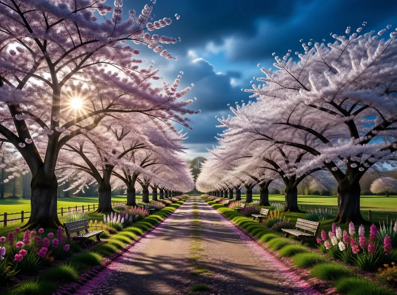 Sunlit Cherry Blossom Path