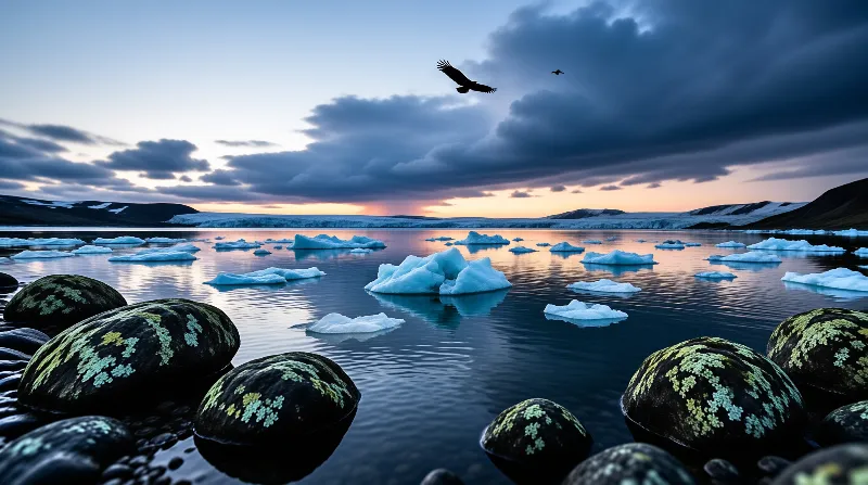 Rounded boulders mottled with pale lichen frame a still polar bay where glacier ice drifts beneath heavy clouds at sunset
