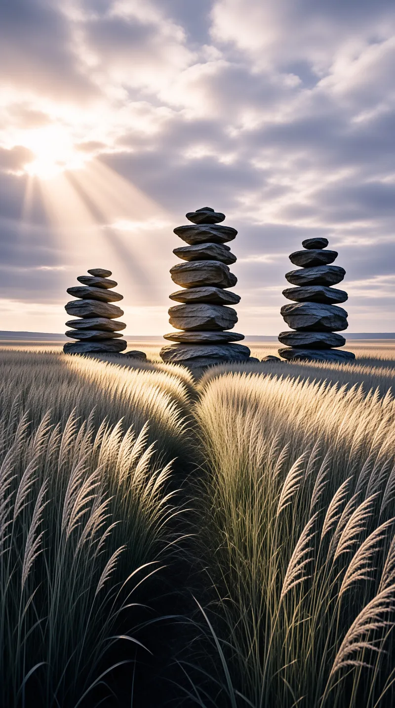 Three balanced stone stacks stand in a golden grass field under a sunlit sky with beams cutting through clouds.