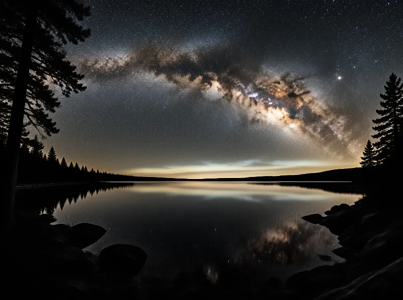 Stars arch across the sky above a lake reflecting the celestial view between dark pine trees.