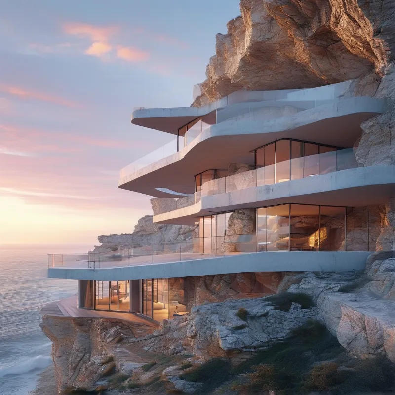 Stacked white terraces and glass rooms hug a granite face above the ocean, glowing in rose coloured sunset light.