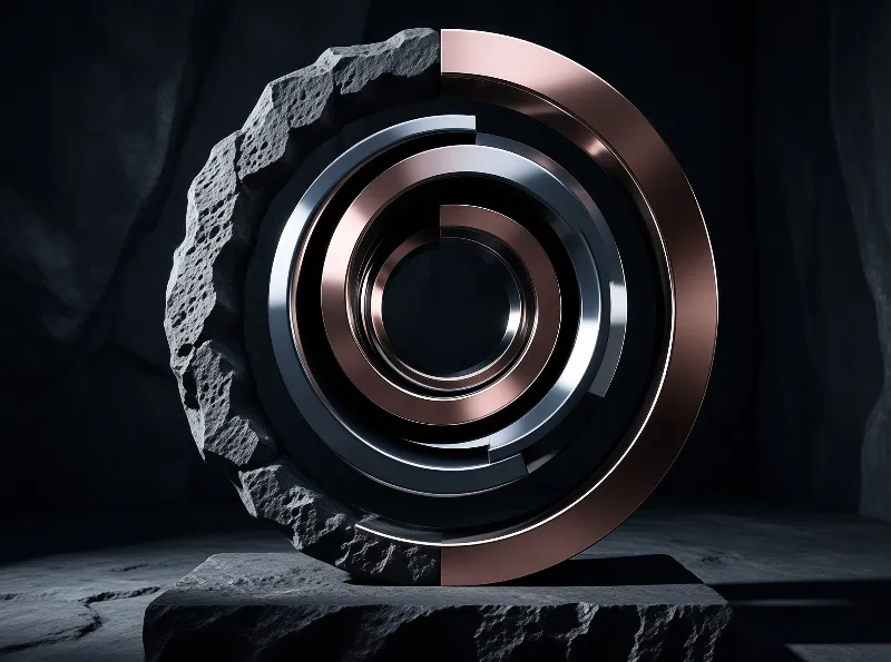 A split circular piece of rough porous stone and polished rose gold and silver concentric rings sits on a dark stone plinth in a dim moody room.