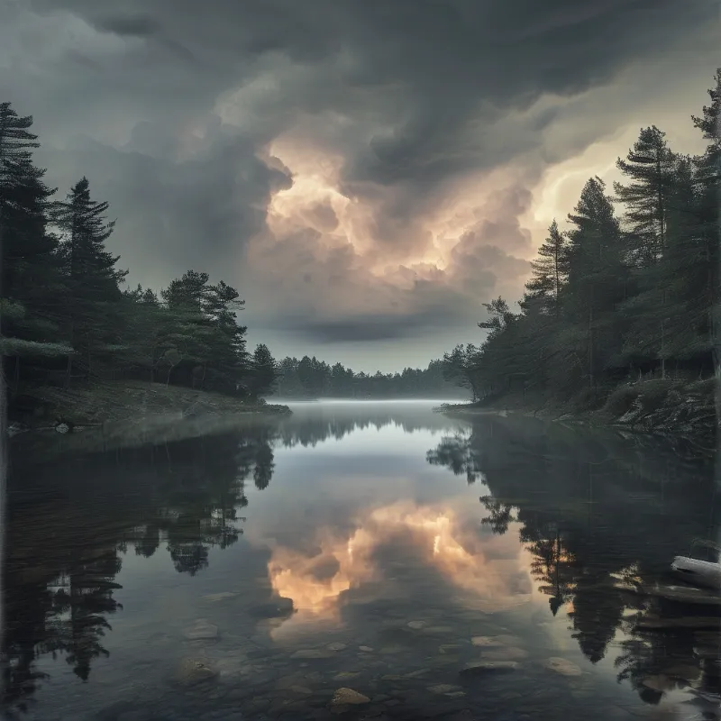 A calm river mirrors the dramatic sky where sunlight breaks through dark clouds above dense pine forests.