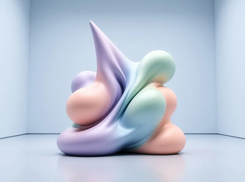 A smooth pastel organic shape sits in a light blue corner with soft lighting and gradient colors on its surface.