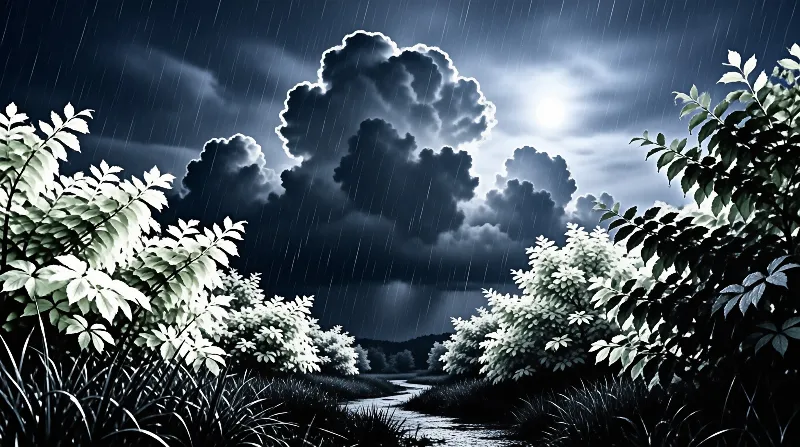 A dark river winds through a forest while heavy rain falls beneath dramatic clouds illuminated by a bright light source.