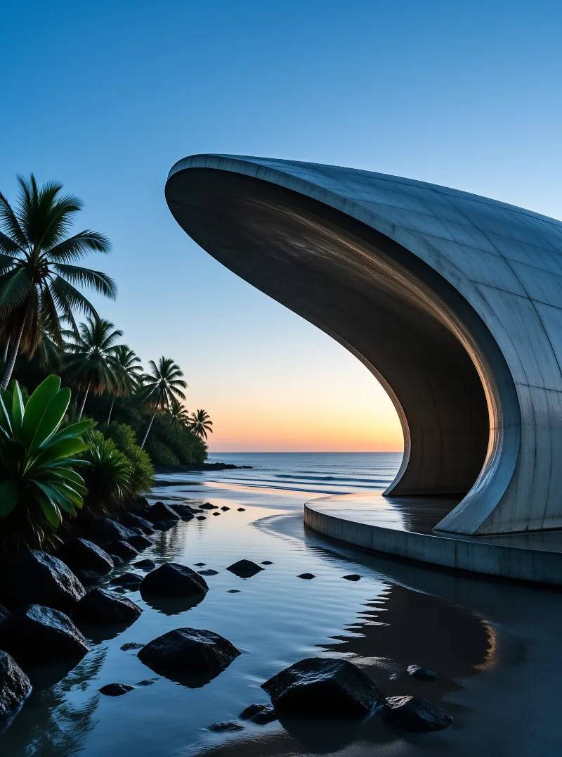 A massive curved concrete shell overlooks a tropical shoreline with palm trees and rocks under a twilight sky
