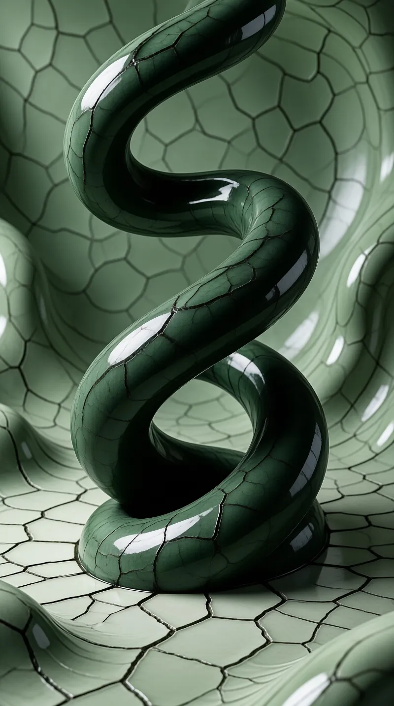 A glossy dark green spiral winds vertically against a wavy lighter green background featuring a network of black cracks.