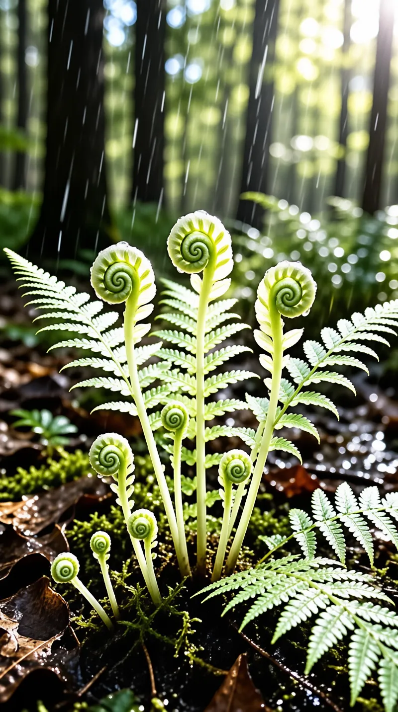 A cluster of bright green fern fronds unfurls from dark moss while rain falls through sunlight.