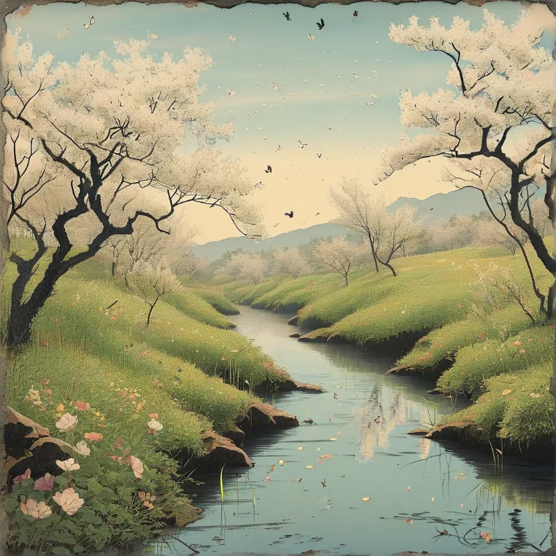 A stream meanders through green grassy banks lined with blooming white trees under a pale sky.