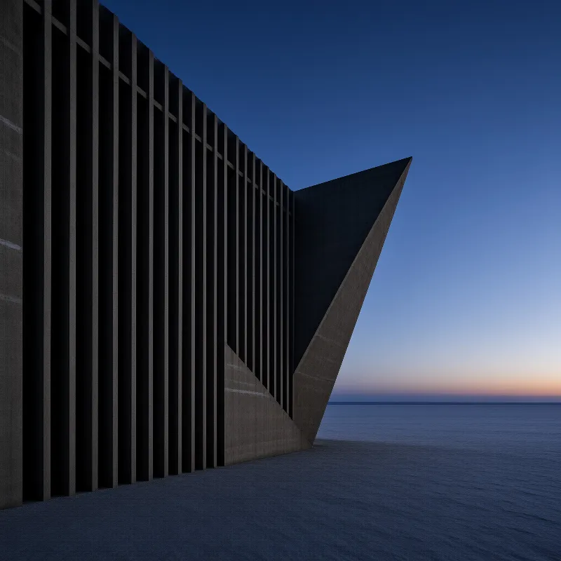 A dark modern building with vertical slats stands near a calm sea under a blue twilight sky.