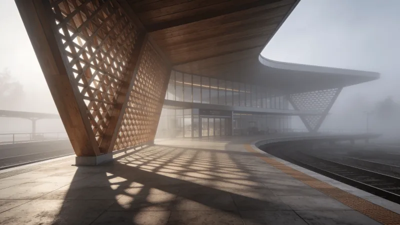 Terminal with Wooden Lattice — Foggy Morning