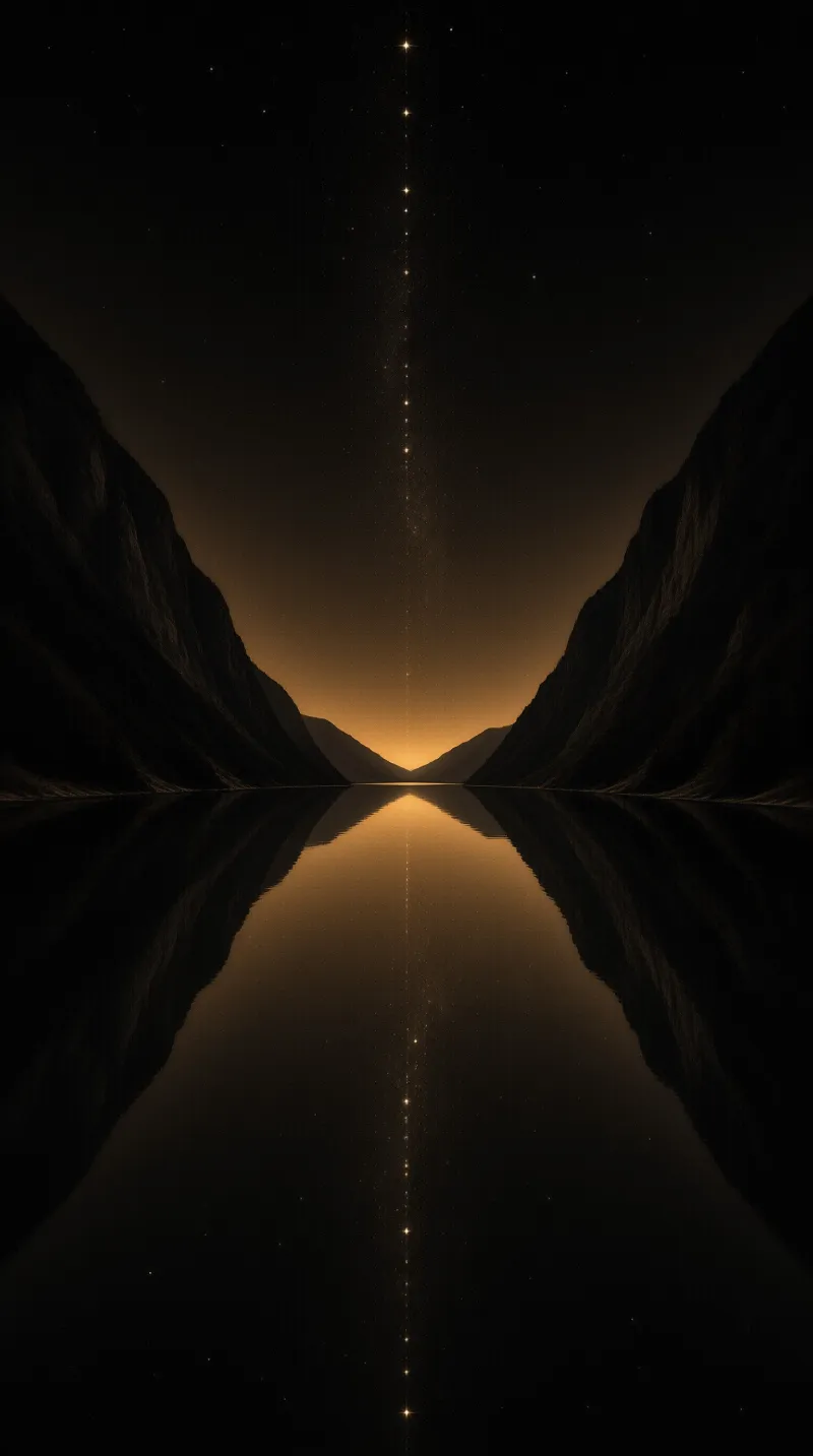 Dark symmetrical mountain canyon with a golden glowing horizon reflected in still water beneath a vertical trail of stars