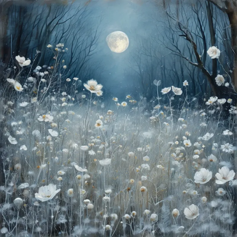 Ethereal white flowers dusted with frost grow in a dark meadow beneath a glowing full moon.