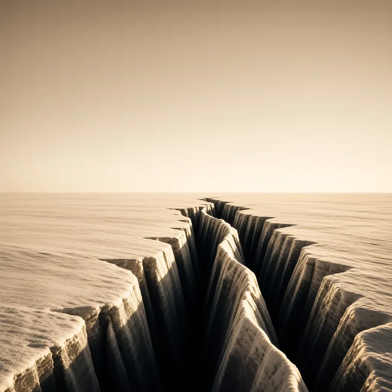 A vast cracked plain extends to the horizon, featuring a deep central chasm with steep sides under warm, diffused daylight.