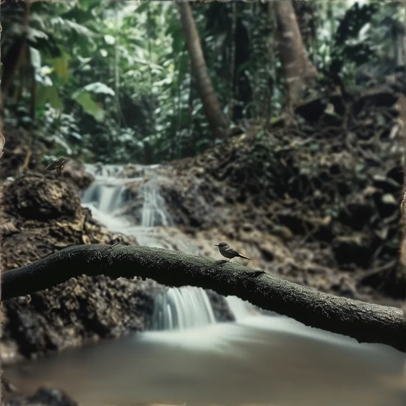 A small grey bird rests on a wet mossy branch arching above a tiered jungle stream, framed by aged photographic plate edges