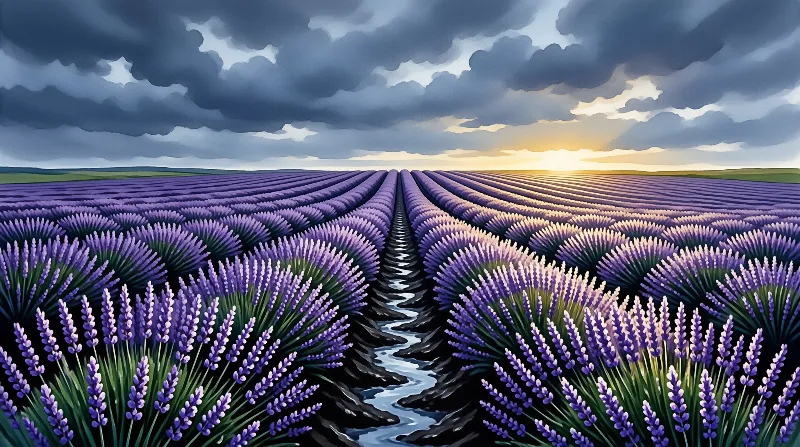 A vast field of purple lavender stretches toward a bright horizon where sunlight breaks through heavy grey clouds.